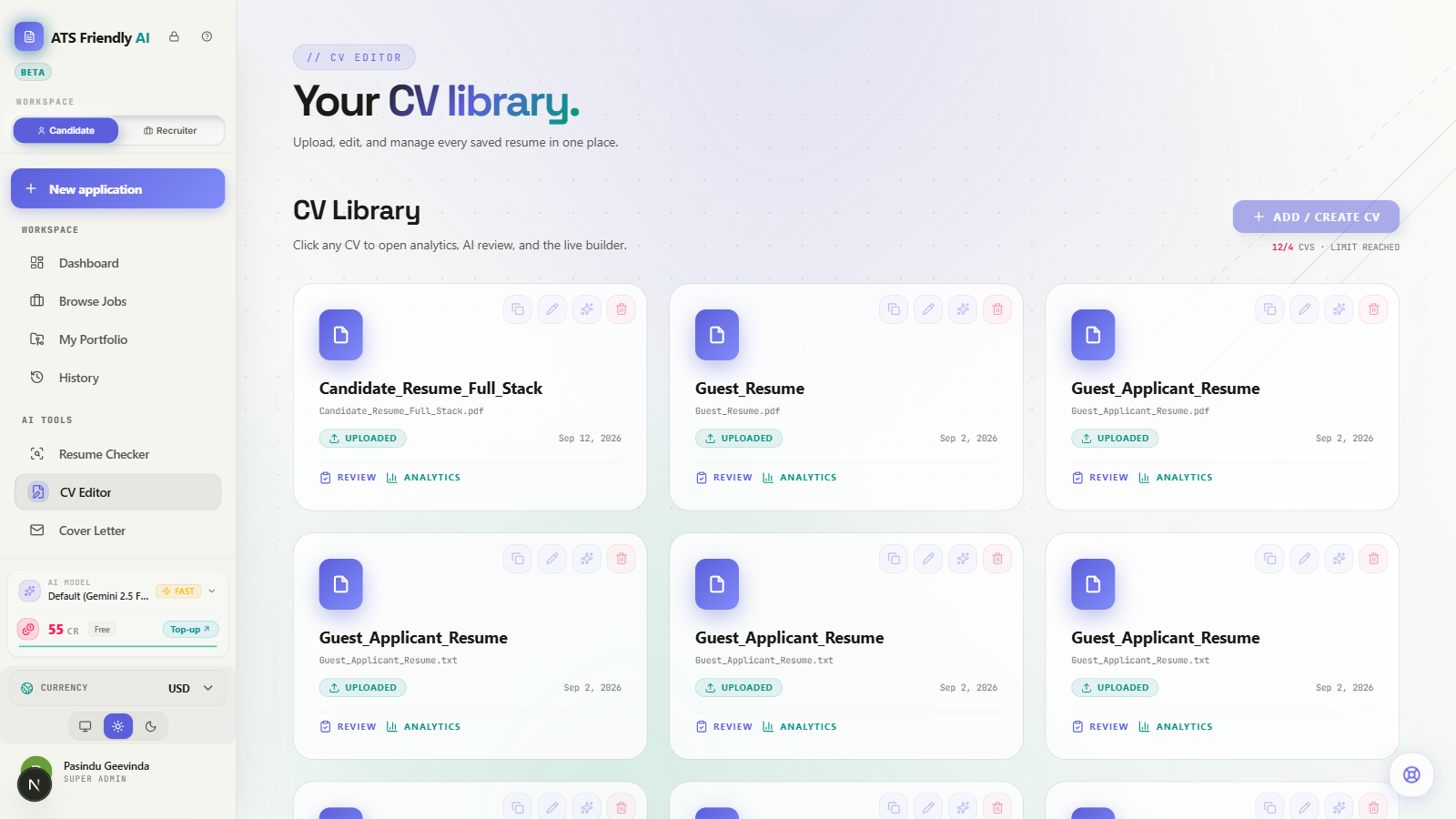 CV Library page showing saved CV cards ready to open for editing