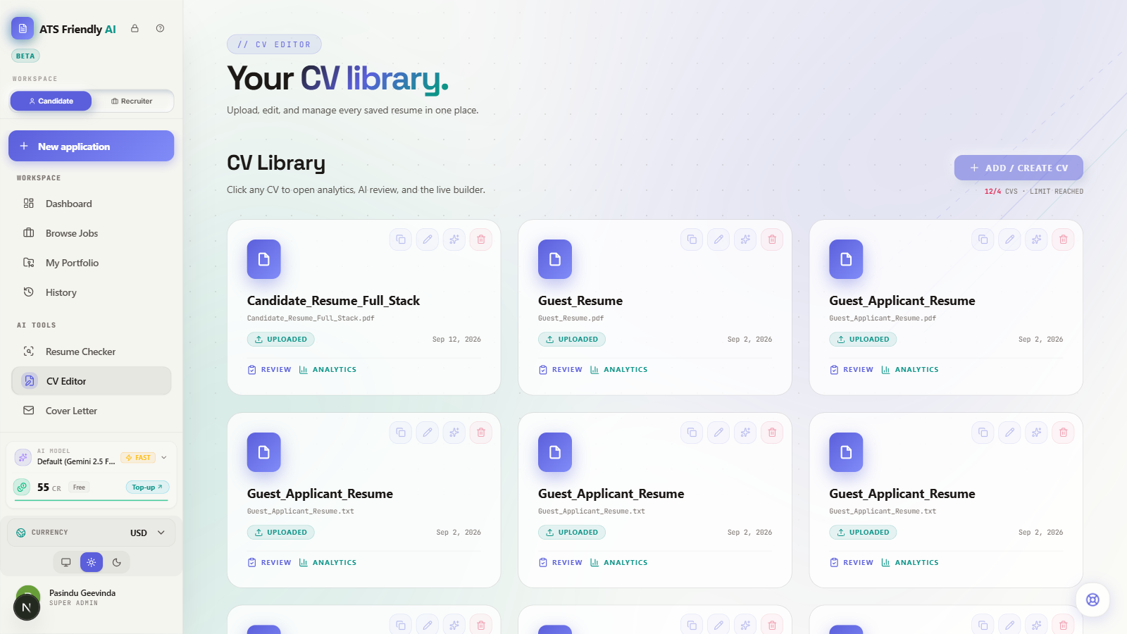 CV Library showing a saved CV card ready to open for editing and formatting