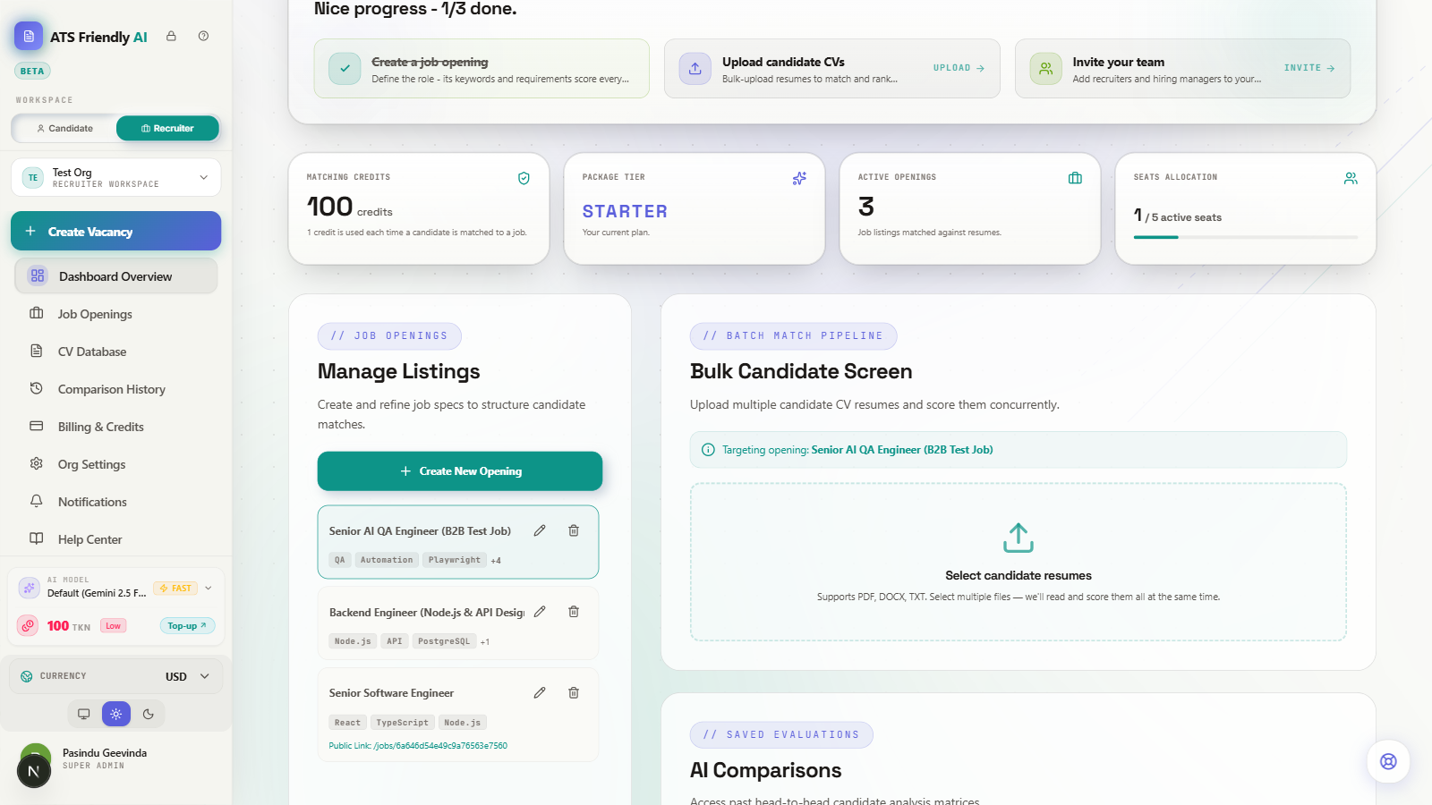 Corporate Portal Pipeline tab showing Manage Listings and Bulk Candidate Screen sections