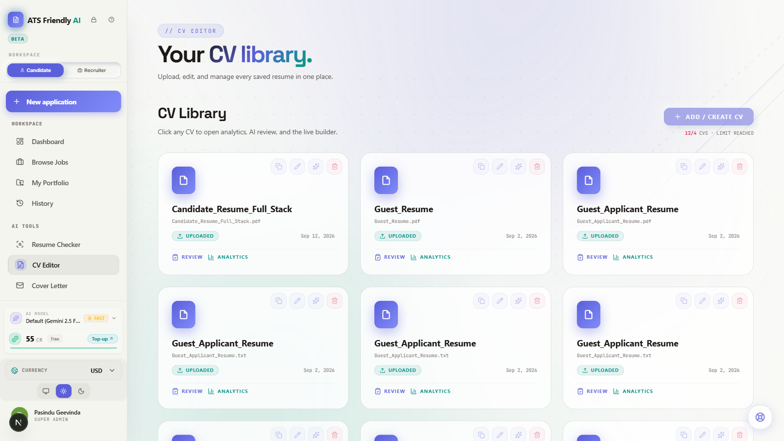 CV Library showing a saved CV card ready to open for editing and formatting