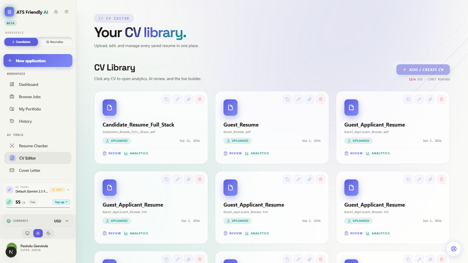 CV Library showing a saved CV card ready to open for editing and formatting